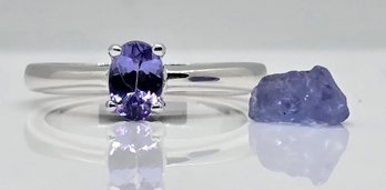 Blue Tanzanite, Rhodium Over Sterling Ring & Rough Stone