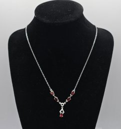Red Garnet Necklace In Sterling Silver & Stainless Steel