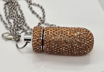 Champagne Austrian Crystal Pill Case Pendant & Keychain In Stainless & Silver Tone