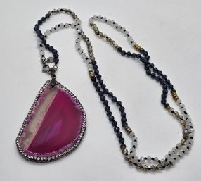 Vintage Pink & Purple Agate With Beaded Necklace - JK NY