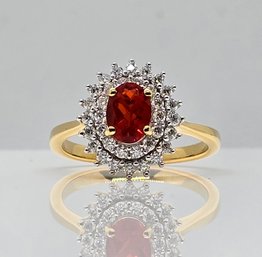 Mexican Cherry Fire Opal, Moissanite Double Halo Ring In Yellow Gold Over Sterling