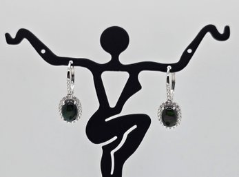 Black Ethiopian Opal, White Zircon, Rhodium Over Sterling Earrings