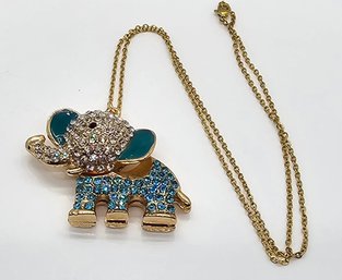 Austrian Crystal, Enameled Elephant Pendant With Yellow Gold Over Stainless Chain