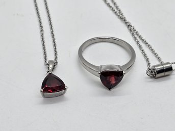 Red Garnet Ring & Pendant Necklace In Stainless Steel