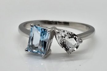 Sky Blue & White Topaz, Rhodium Over Sterling 2 Stone Ring