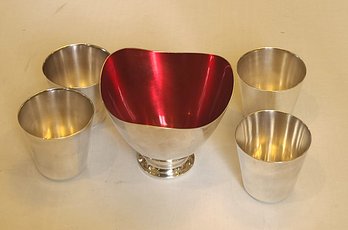 Carl F Christansen Silver Plated Bowl With Red Interior And 4 Gorham Silver Plated Cups