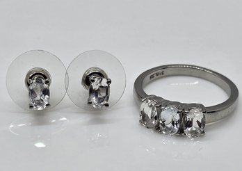 White Topaz 3 Stone Ring & Stud Earrings In Stainless Steel
