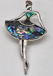 Abalone Shell, Champagne Austrian Crystal Ballerina Brooch In Silvertone