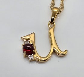 Red Garnet, White Zircon Initial You Pendant In Yellow Gold Over Sterling With 18k YG Over Sterling Chain