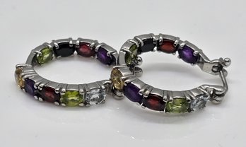 Multi Gemstone Inside Out Hoop Earrings In Stainless Steel