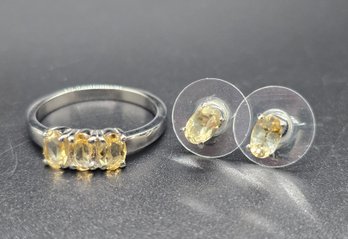 Brazilian Citrine 3 Stone Ring & Stud Earrings In Stainless