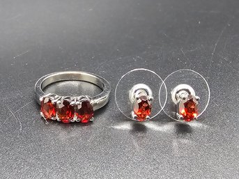Mozambique Garnet 3 Stone Ring & Stud Earrings In Stainless