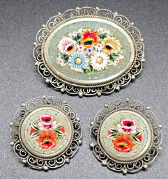 Vintage Mosaic Floral Brooch & Earrings