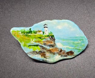 Vintage Hand Painted Coastal Scene Brooch