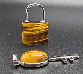 Tigers Eye Lock & Key Pendant Set In Silvertone