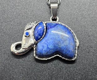 Lapis Lazuli, Blue Austrian Crystal Elephant Pendant Necklace In Stainless