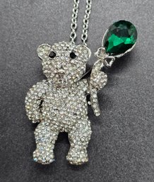 Green Glass, Austrian Crystal Teddy Bear Brooch Or Pendant Necklace