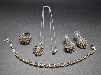 Brazilian Smoky Quartz Bracelet, Earrings, Ring & Pendant Necklace Set In Stainless