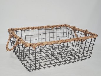 Wire & Wicker Wrapped Oblong Handled Basket