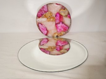 Anthropologie Pink Stone Slice Trivet & Scalloped Edge Charger Mirror