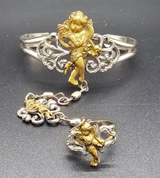Vintage Cherub Ring, Pendant & Bracelet Set Signed EJC 96