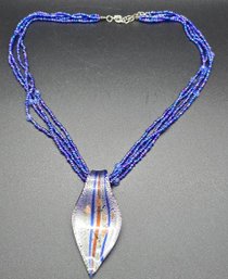 Blue Beaded Necklace With Glass Pendant
