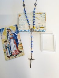 Vintage Collectible Blue Crystal Our Lady Of Lourdes Rosary & Prayer Book