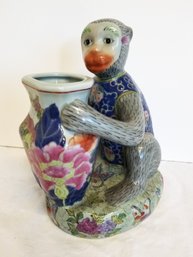 RARE Vintage Tobacco Leaf Porcelain Chinoiserie Monkey Holding Vase Figurine