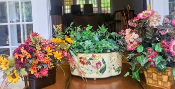 Trio Of Faux Floral And Ivy Arrangements With Decorative Tin Planters