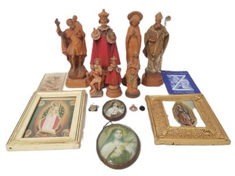 Vintage Religious Lot: ANRI Italy Wood Figures, St. Therese Oval Wall Hangings LM & C France & More