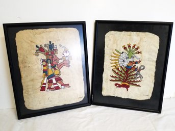 Pair Of Framed Vintage Aztec Paintings On Fabric