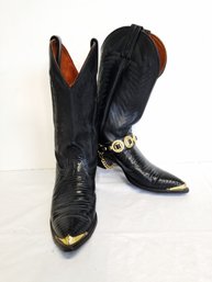 Vintage J. CHISHOLM Leather Handcrafted Cowboy Boots With Gold Tip Finish Size 8M