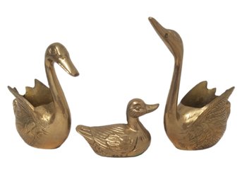 Vintage Brass Long Neck Swan Planters & Small Decorative Duck