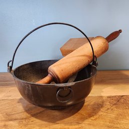 Cast Iron Handled Pot And Woodenware