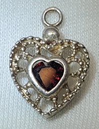 Beautiful Sterling Silver '925 MC' Garnet Heart Pendant ~ 1.48 Grams