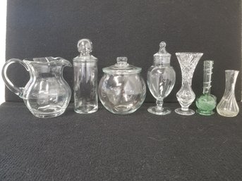 Clear Glass Lot: Large Vintage Pitcher, Apothecary Jars & Vases