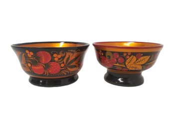 Two Small Russian Khokhloma Lacquered Hand Painted Bowls