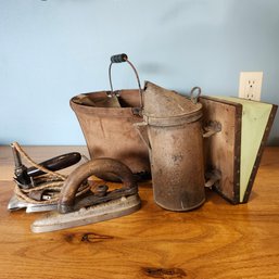 Antique Irons, Folding Canvas Bucket With Bail Bucket