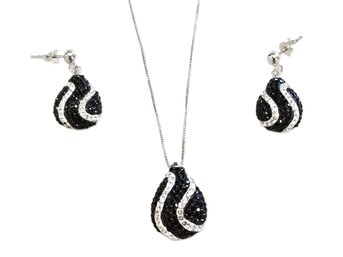 Vintage 925 Sterling Silver Teardrop Black & White Gemstone Earrings & Necklace