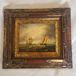 Print Of Sailing Ships On Canvas In Beautiful Vintage Frame