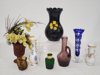 Vintage Grouping Small Flower Vases And Vessels - Glass & Pottery - Crackle, Cut To Clear, Hobnail & More