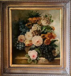 Beautiful Vintage Floral Still Life Painting With Fluted Gold Leaf Frame