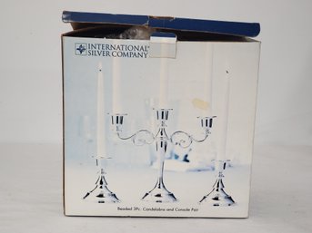 NOS IS International Silver Beaded Three Piece Candelabra & Console Pair Of Candlestick Holders