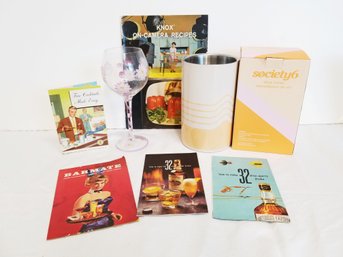Great Barware Lot: Society 6 S/s Wine Bottle Chiller & Decorative Wine Glass & 4 Drink Recipe Booklets