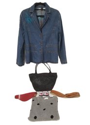 Assorted Women's Lot: Appliqued Denim Jacket, Sweater, Belts, Purse & Small Hard Case Card Case
