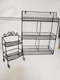 Two Black Metal & Wrought Metal Small Shelving Units