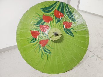 Vintage Japanese Paper & Bamboo Umbrella Parasol - Lime Green & Red