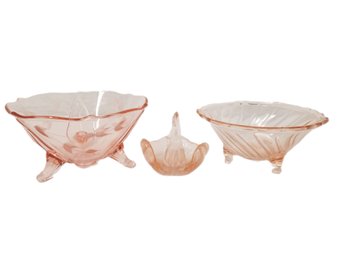 Vintage Pink Depression Glass: Lancaster Scallop Rim & Jeanette Swirl Candy Trinket Dishes With Swan Ashtray