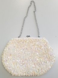 Vintage White Satin Beaded & Iridescent Sequin Evening Bag With Tuck Away Silver Chain Handle - Hong Kong