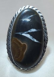 Silver Plated Size 8 Huge Spider Septarian Stone Ring ~ 1 1/4' X 3/4'